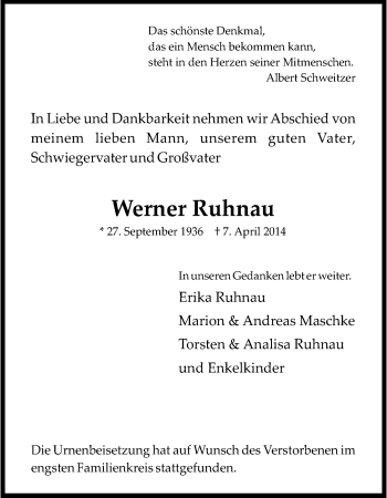Anzeige von Werner Ruhnau von Kölner Stadt-Anzeiger / Kölnische Rundschau / Express