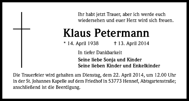  Traueranzeige für Klaus Petermann vom 19.04.2014 aus Kölner Stadt-Anzeiger / Kölnische Rundschau / Express