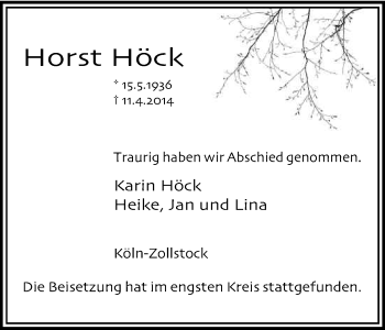 Anzeige von Horst Höck von Kölner Stadt-Anzeiger / Kölnische Rundschau / Express