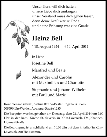 Anzeige von Heinz Bell von Kölner Stadt-Anzeiger / Kölnische Rundschau / Express