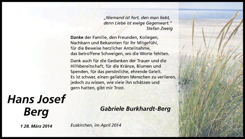  Traueranzeige für Hans Josef Berg vom 23.04.2014 aus Kölner Stadt-Anzeiger / Kölnische Rundschau / Express