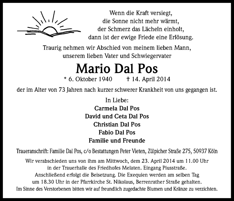 Traueranzeige für Mario Dal Pos vom 19.04.2014 aus Kölner Stadt-Anzeiger / Kölnische Rundschau / Express