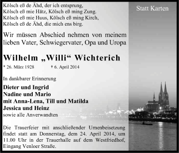 Anzeige von Wilhelm Wichterich von Kölner Stadt-Anzeiger / Kölnische Rundschau / Express