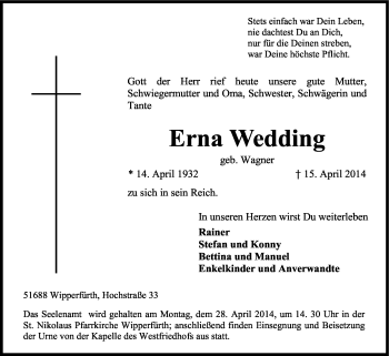Anzeige von Erna Wedding von Kölner Stadt-Anzeiger / Kölnische Rundschau / Express