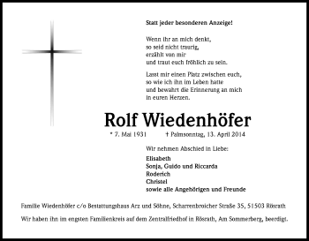 Anzeige von Rolf Wiedenhöfer von Kölner Stadt-Anzeiger / Kölnische Rundschau / Express