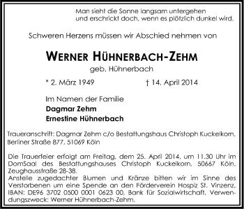 Anzeige von Werner Hühnerbach-Zehm von Kölner Stadt-Anzeiger / Kölnische Rundschau / Express