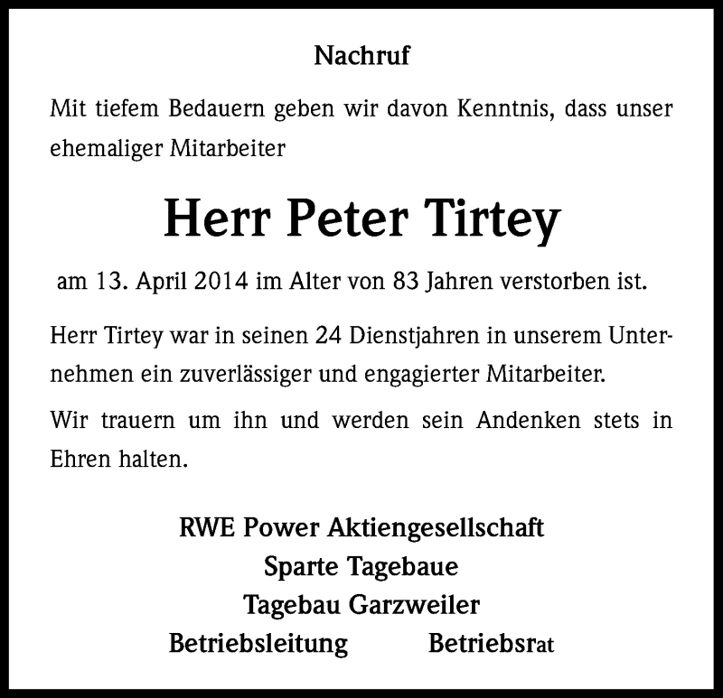  Traueranzeige für Peter Tirtey vom 22.04.2014 aus Kölner Stadt-Anzeiger / Kölnische Rundschau / Express