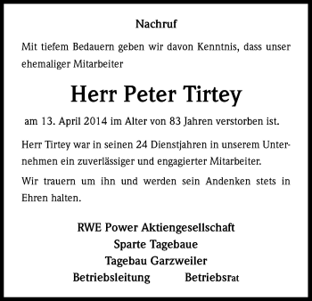 Anzeige von Peter Tirtey von Kölner Stadt-Anzeiger / Kölnische Rundschau / Express