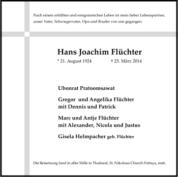 Anzeige von Hans Joachim Flüchter von Kölner Stadt-Anzeiger / Kölnische Rundschau / Express