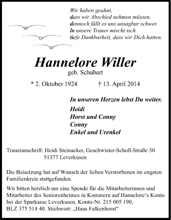 Anzeige von Hannelore Willer von Kölner Stadt-Anzeiger / Kölnische Rundschau / Express