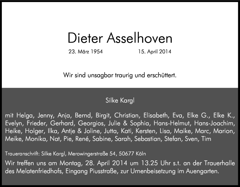  Traueranzeige für Dieter Asselhoven vom 19.04.2014 aus Kölner Stadt-Anzeiger / Kölnische Rundschau / Express