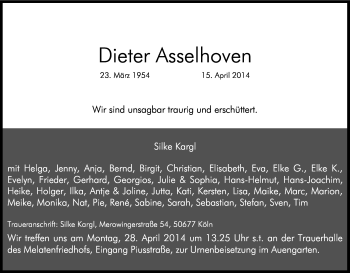 Anzeige von Dieter Asselhoven von Kölner Stadt-Anzeiger / Kölnische Rundschau / Express