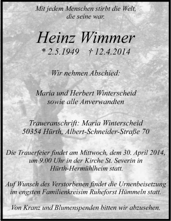 Anzeige von Heinz Wimmer von Kölner Stadt-Anzeiger / Kölnische Rundschau / Express