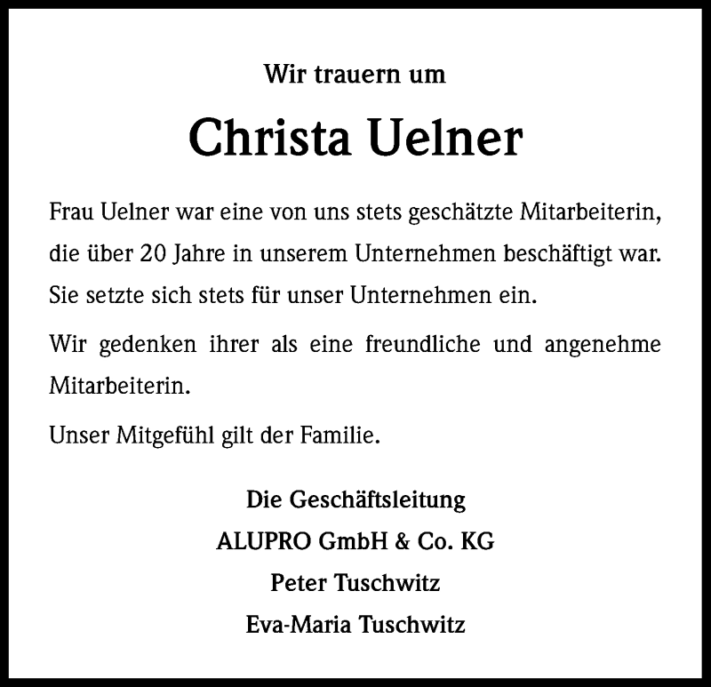  Traueranzeige für Christa Uelner vom 19.04.2014 aus Kölner Stadt-Anzeiger / Kölnische Rundschau / Express