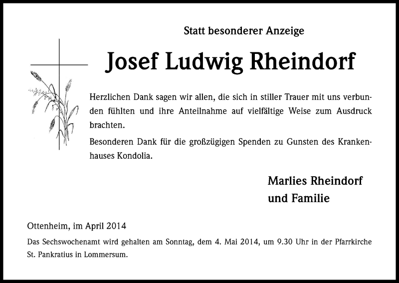 Traueranzeige für Josef Ludwig Rheindorf vom 23.04.2014 aus Kölner Stadt-Anzeiger / Kölnische Rundschau / Express