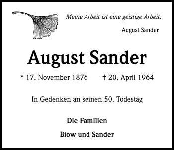 Anzeige von August Sander von Kölner Stadt-Anzeiger / Kölnische Rundschau / Express
