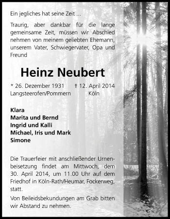Anzeige von Heinz Neubert von Kölner Stadt-Anzeiger / Kölnische Rundschau / Express