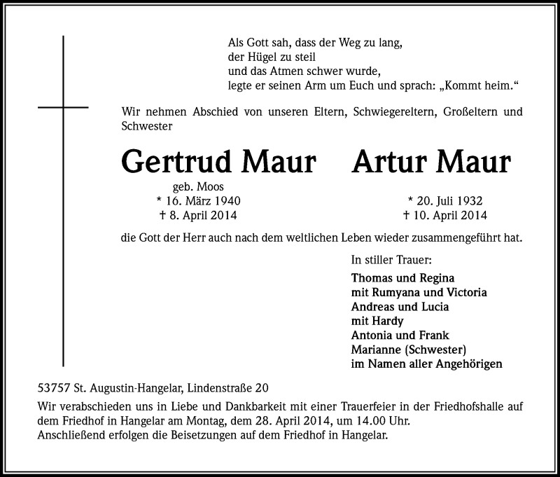  Traueranzeige für Gertrud und Artur Maur vom 22.04.2014 aus Kölner Stadt-Anzeiger / Kölnische Rundschau / Express