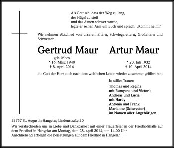 Anzeige von Gertrud und Artur Maur von Kölner Stadt-Anzeiger / Kölnische Rundschau / Express