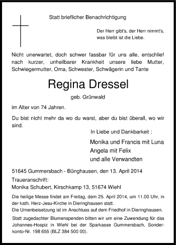 Anzeige von Regina Dressel von Kölner Stadt-Anzeiger / Kölnische Rundschau / Express