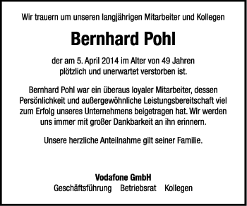 Anzeige von Bernhard Pohl von Kölner Stadt-Anzeiger / Kölnische Rundschau / Express