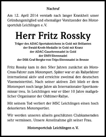 Anzeige von Fritz Rossky von Kölner Stadt-Anzeiger / Kölnische Rundschau / Express