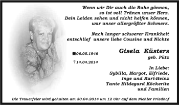 Anzeige von Gisela Küsters von Kölner Stadt-Anzeiger / Kölnische Rundschau / Express