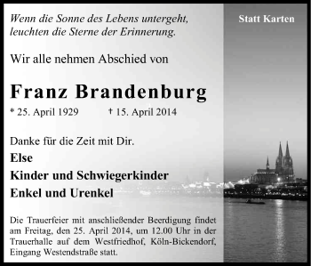 Anzeige von Franz Brandenburg von Kölner Stadt-Anzeiger / Kölnische Rundschau / Express