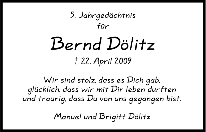  Traueranzeige für Bernd Dörlitz vom 22.04.2014 aus Kölner Stadt-Anzeiger / Kölnische Rundschau / Express