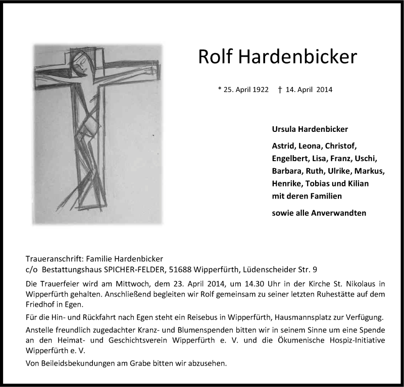  Traueranzeige für Rolf Hardenbicker vom 19.04.2014 aus Kölner Stadt-Anzeiger / Kölnische Rundschau / Express