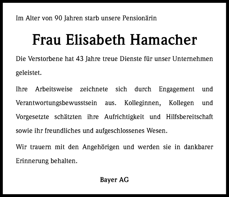  Traueranzeige für Elisabeth Hamacher vom 19.04.2014 aus Kölner Stadt-Anzeiger / Kölnische Rundschau / Express
