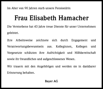 Anzeige von Elisabeth Hamacher von Kölner Stadt-Anzeiger / Kölnische Rundschau / Express