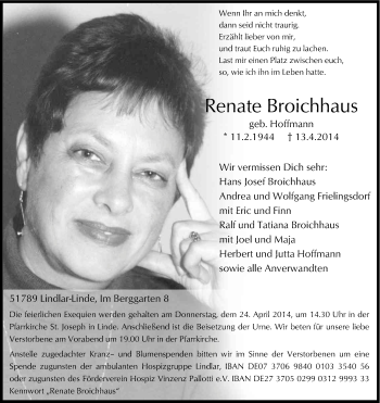 Anzeige von Renate Broichhaus von Kölner Stadt-Anzeiger / Kölnische Rundschau / Express