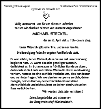 Anzeige von Michael Steckel von Kölner Stadt-Anzeiger / Kölnische Rundschau / Express