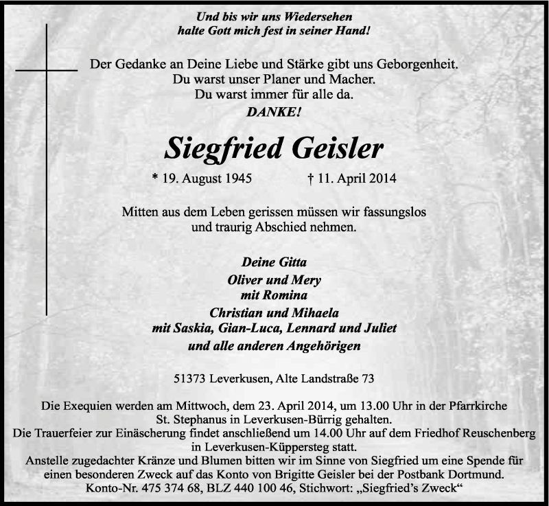 Traueranzeige für Siegfried Geisler vom 19.04.2014 aus Kölner Stadt-Anzeiger / Kölnische Rundschau / Express