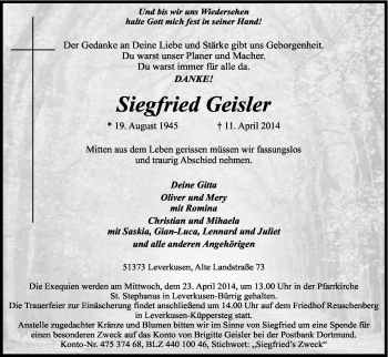 Anzeige von Siegfried Geisler von Kölner Stadt-Anzeiger / Kölnische Rundschau / Express