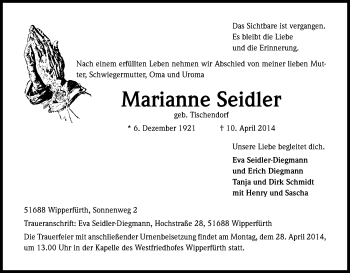 Anzeige von Marianne Seidler von Kölner Stadt-Anzeiger / Kölnische Rundschau / Express