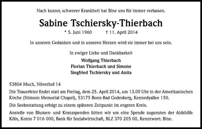  Traueranzeige für Sabine Tschiersky-Thierbach vom 19.04.2014 aus Kölner Stadt-Anzeiger / Kölnische Rundschau / Express