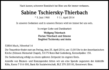 Anzeige von Sabine Tschiersky-Thierbach von Kölner Stadt-Anzeiger / Kölnische Rundschau / Express