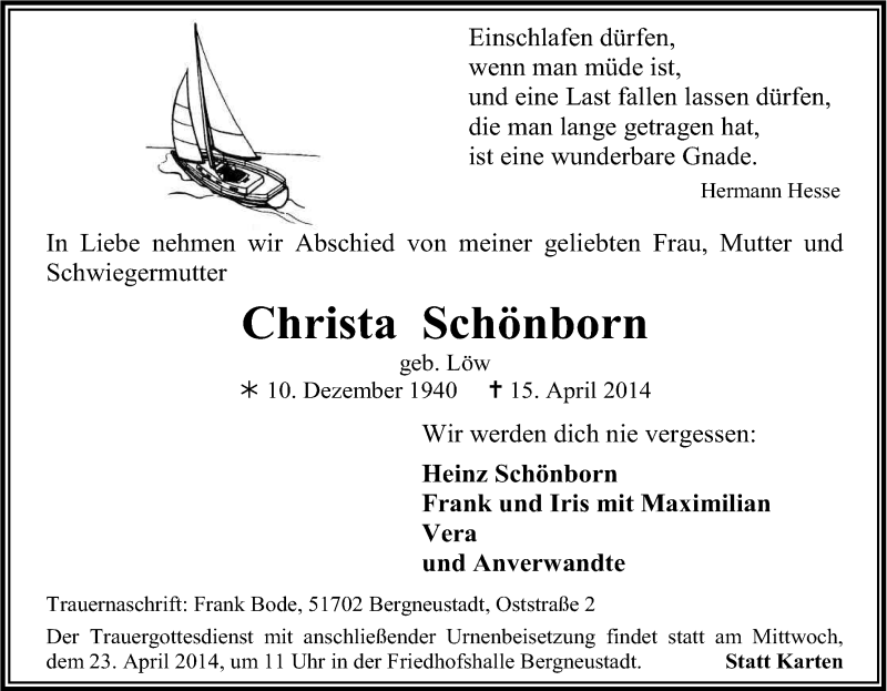  Traueranzeige für Christa Schönborn vom 19.04.2014 aus Kölner Stadt-Anzeiger / Kölnische Rundschau / Express