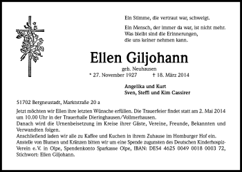 Anzeige von Ellen Giljohann von Kölner Stadt-Anzeiger / Kölnische Rundschau / Express