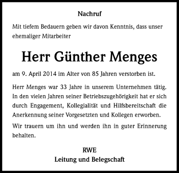 Anzeige von Günther Menges von Kölner Stadt-Anzeiger / Kölnische Rundschau / Express