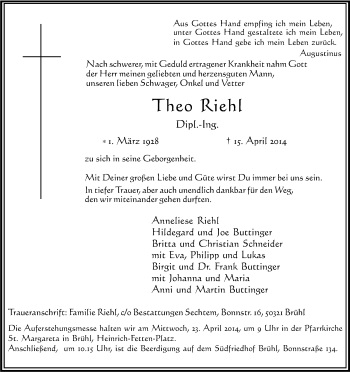 Anzeige von Theo Riehl von Kölner Stadt-Anzeiger / Kölnische Rundschau / Express