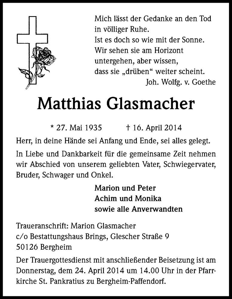  Traueranzeige für Matthias Glasmacher vom 19.04.2014 aus Kölner Stadt-Anzeiger / Kölnische Rundschau / Express