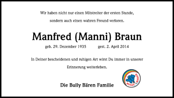Anzeige von Manfred Braun von Kölner Stadt-Anzeiger / Kölnische Rundschau / Express