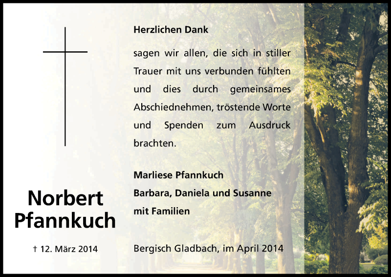  Traueranzeige für Norbert Pfannkuch vom 19.04.2014 aus Kölner Stadt-Anzeiger / Kölnische Rundschau / Express