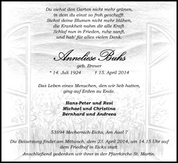 Anzeige von Anneliese Buhs von Kölner Stadt-Anzeiger / Kölnische Rundschau / Express