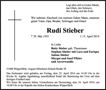 Anzeige von Rudi Stieber von Kölner Stadt-Anzeiger / Kölnische Rundschau / Express