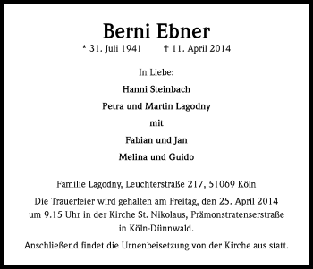 Anzeige von Berni Ebner von Kölner Stadt-Anzeiger / Kölnische Rundschau / Express