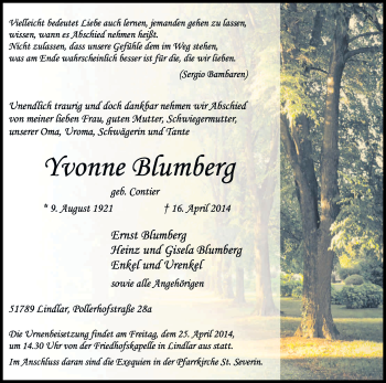 Anzeige von Yvonne Blumberg von Kölner Stadt-Anzeiger / Kölnische Rundschau / Express